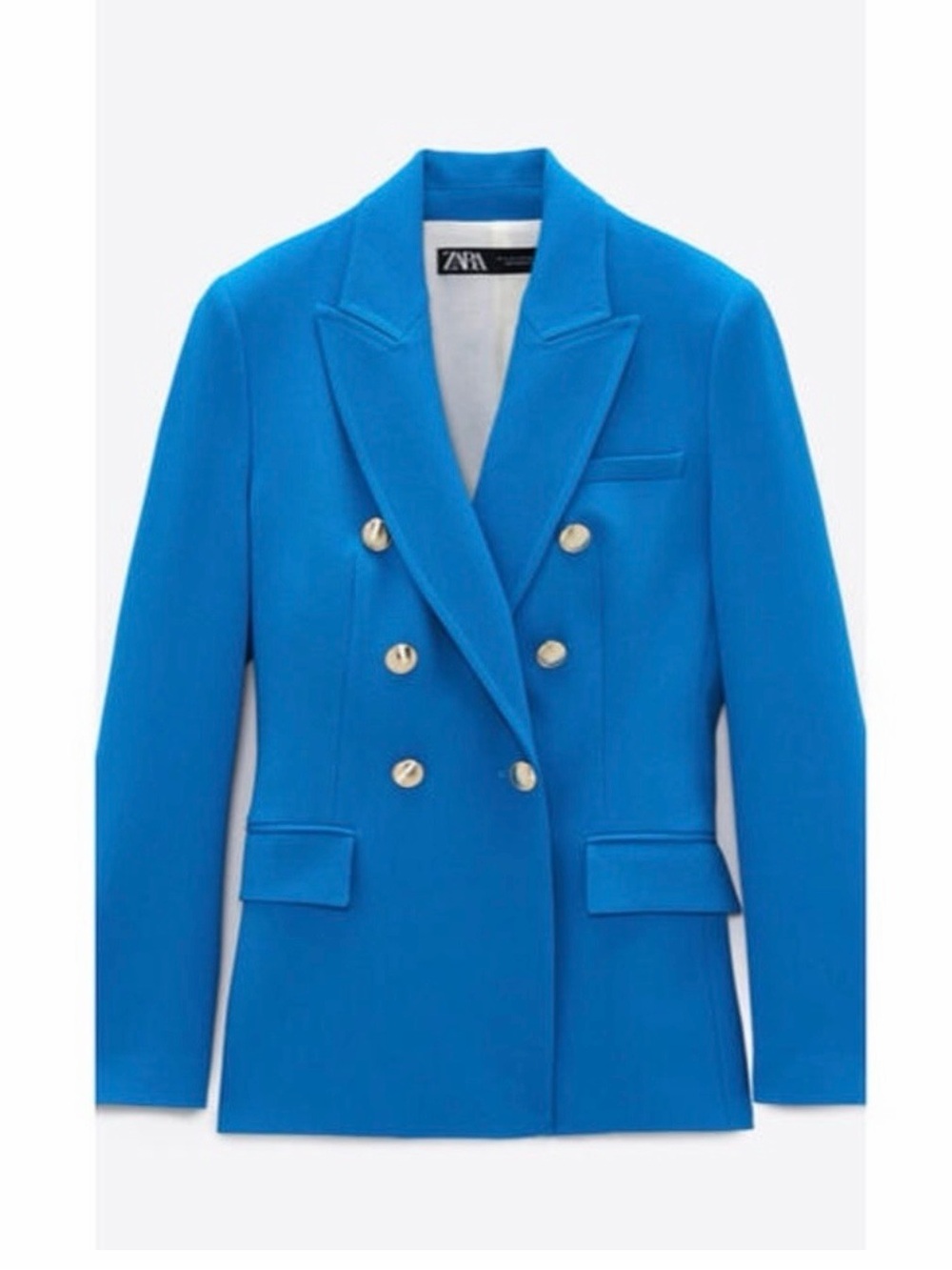 Zara Bright Blue Double-Breasted Blazer with Gold Buttons